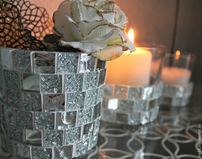 ​Декорируем стеклянные подсвечники мозаикой: часть 3