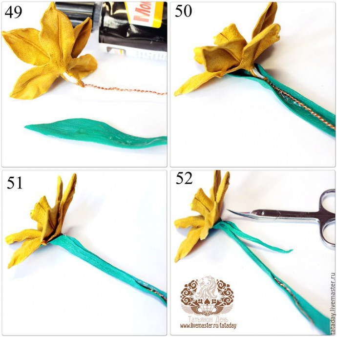 ​Делаем брошь из кожи "Прекрасный букет" с нарциссом и гиацинтом: часть 2