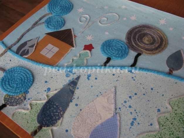 Коллаж из пряжи и ткани на тему "Зима": часть 2 Коллаж из пряжи и ткани на тему "Зима": часть 2