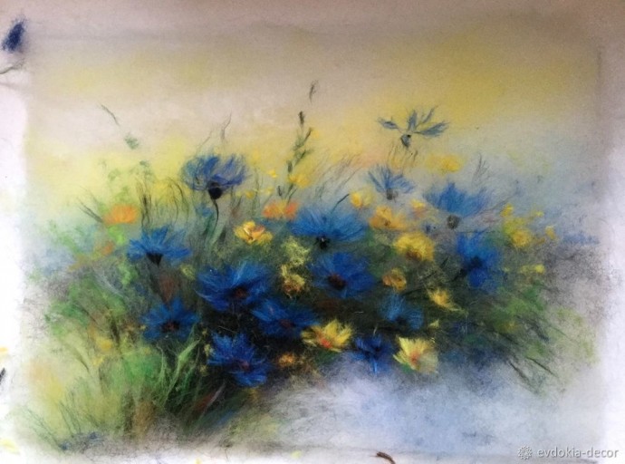 Рисуем картину шерстью "Васильки"