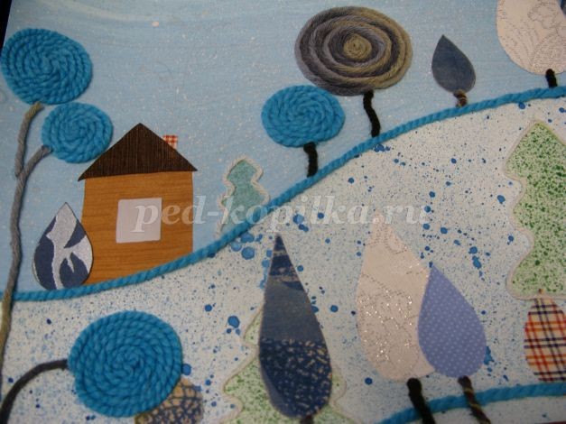Коллаж из пряжи и ткани на тему "Зима": часть 2 Коллаж из пряжи и ткани на тему "Зима": часть 2