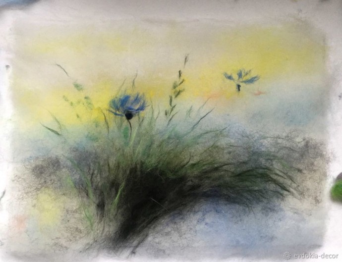 Рисуем картину шерстью "Васильки"