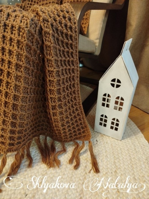 Плед вафельным узором крючком