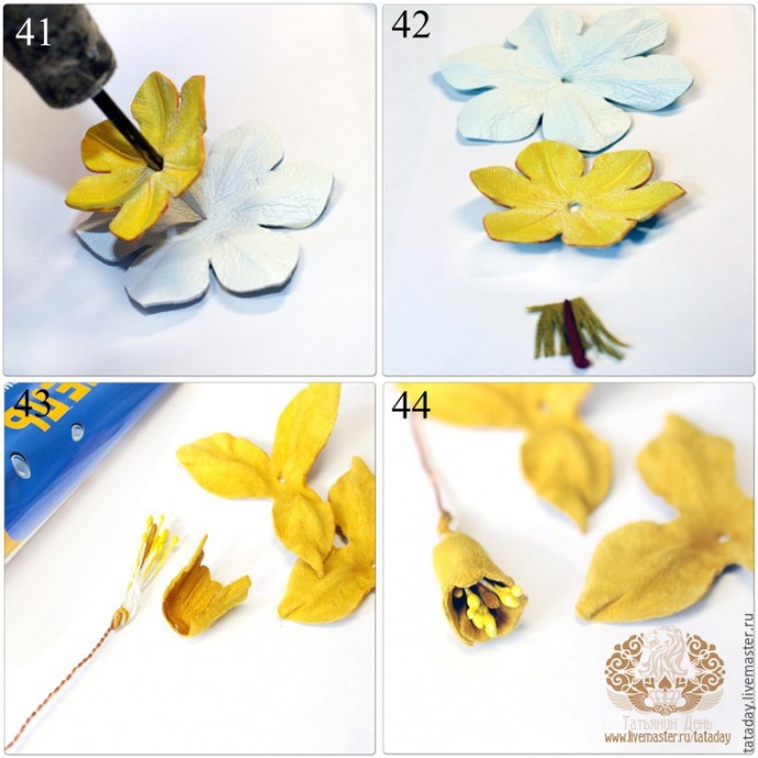 ​Делаем брошь из кожи "Прекрасный букет" с нарциссом и гиацинтом: часть 2