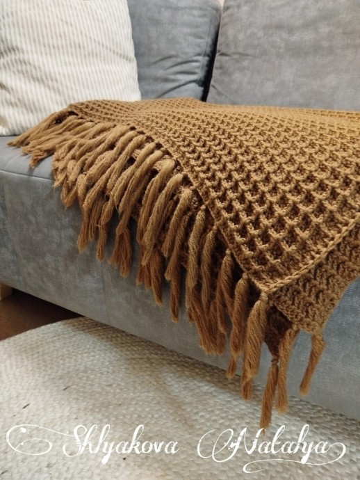 Плед вафельным узором крючком