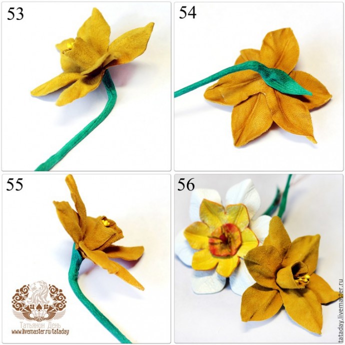 ​Делаем брошь из кожи "Прекрасный букет" с нарциссом и гиацинтом: часть 2