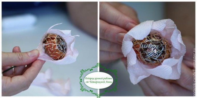 Делаем распушившийся пион из гофрированной бумаги и конфеты: часть 3 Делаем распушившийся пион из гофрированной бумаги и конфеты: часть 3