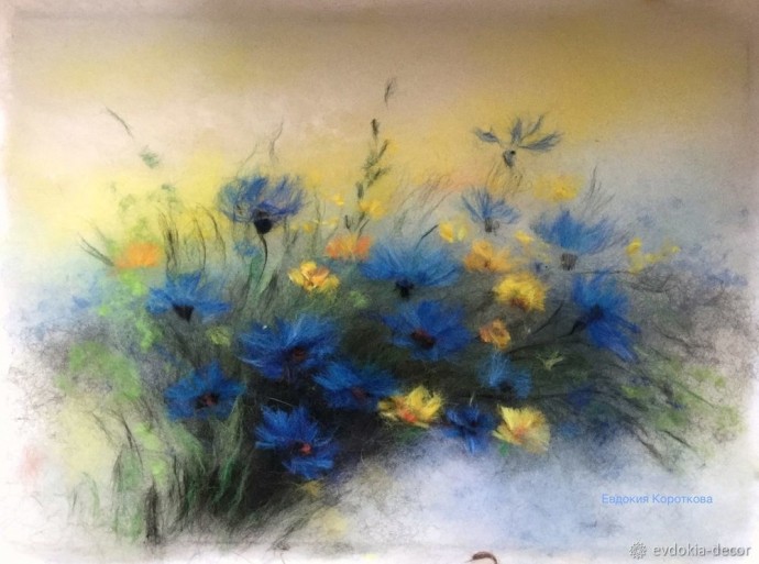 Рисуем картину шерстью "Васильки"