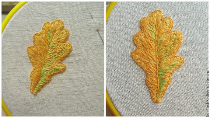 ​Создаем брошь "Дубовый лист" в технике объемной вышивки гладью: часть 2