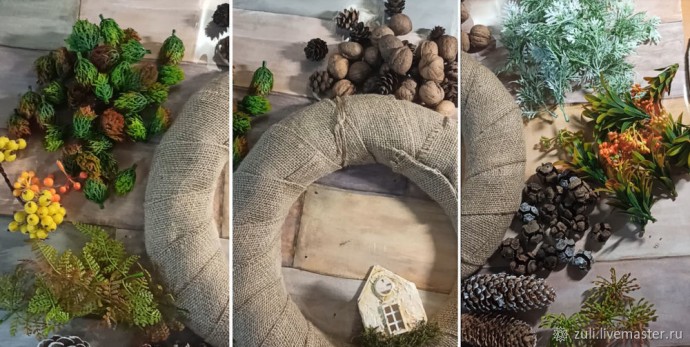 Рождественский венок с шишками и домиком: часть 3