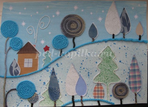 Коллаж из пряжи и ткани на тему "Зима": часть 2 Коллаж из пряжи и ткани на тему "Зима": часть 2