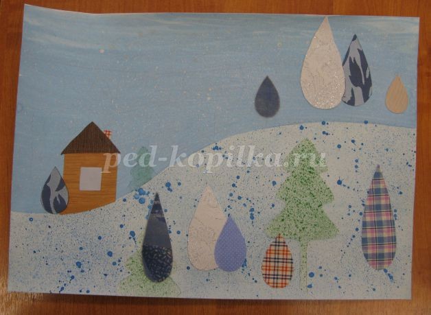 ​Коллаж из пряжи и ткани на тему "Зима": часть 1