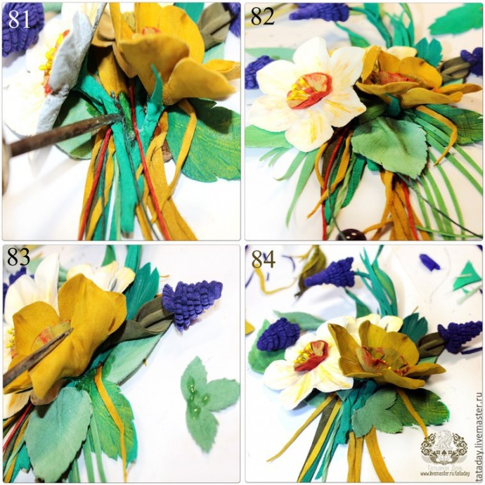 ​Делаем брошь из кожи "Прекрасный букет" с нарциссом и гиацинтом: часть 3