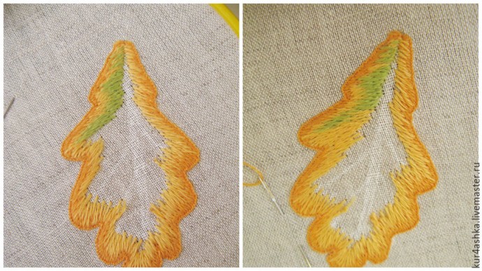 ​Создаем брошь "Дубовый лист" в технике объемной вышивки гладью: часть 2