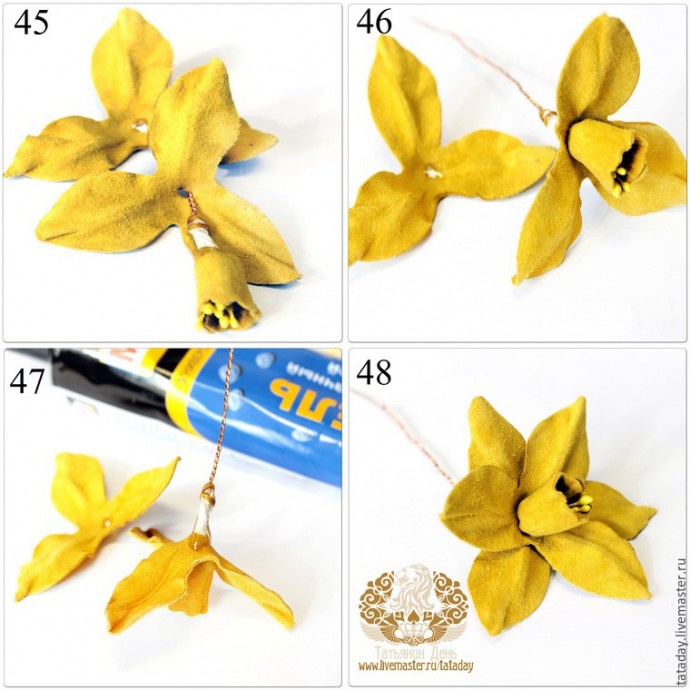 ​Делаем брошь из кожи "Прекрасный букет" с нарциссом и гиацинтом: часть 2