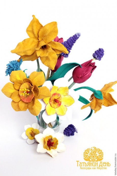 ​Делаем брошь из кожи "Прекрасный букет" с нарциссом и гиацинтом: часть 3