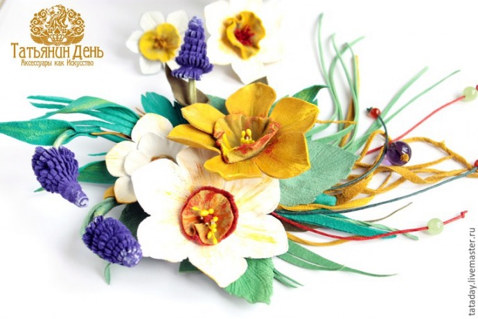 ​Делаем брошь из кожи "Прекрасный букет" с нарциссом и гиацинтом: часть 4