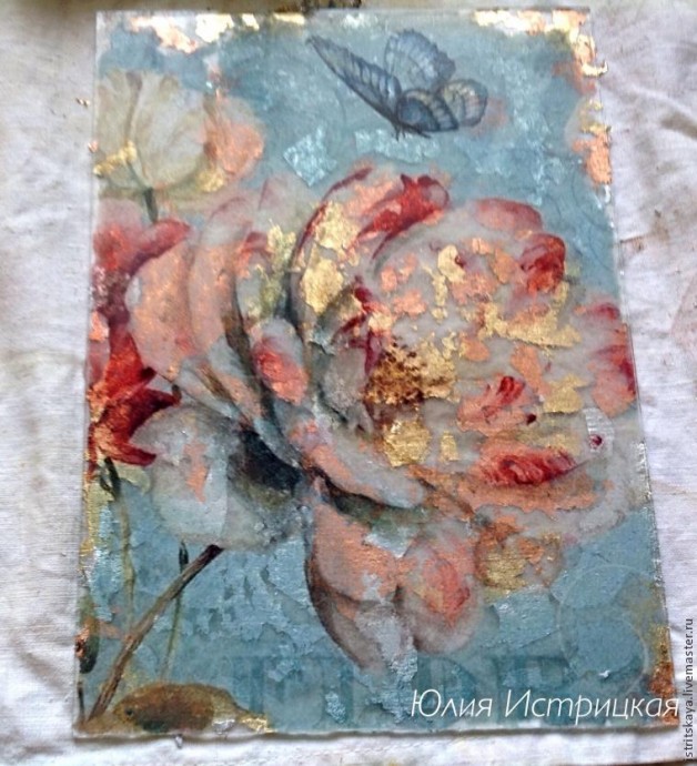 ​Создаем старинный зеркальный витраж: вживляем в стекло и работаем с поталью в хлопьях: часть 2