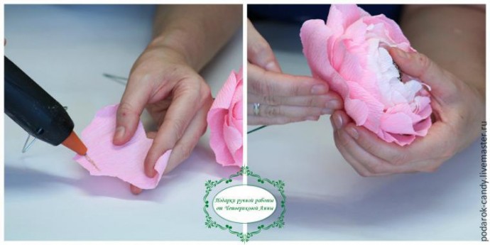 Делаем распушившийся пион из гофрированной бумаги и конфеты: часть 4