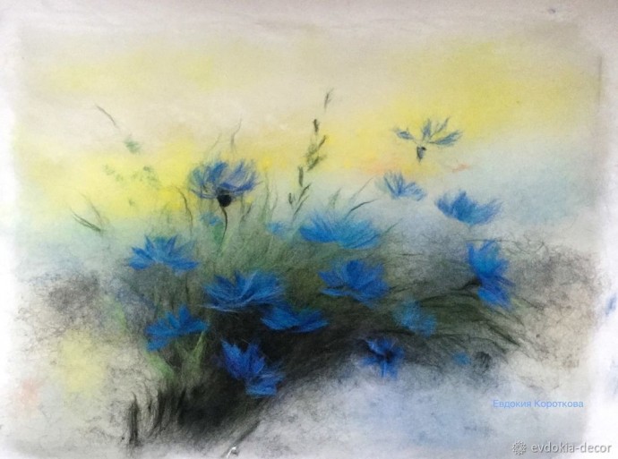 Рисуем картину шерстью "Васильки"