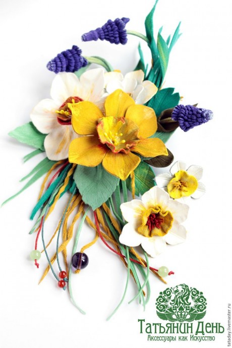 ​Делаем брошь из кожи "Прекрасный букет" с нарциссом и гиацинтом: часть 4
