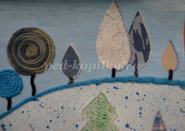 Коллаж из пряжи и ткани на тему "Зима": часть 2 Коллаж из пряжи и ткани на тему "Зима": часть 2