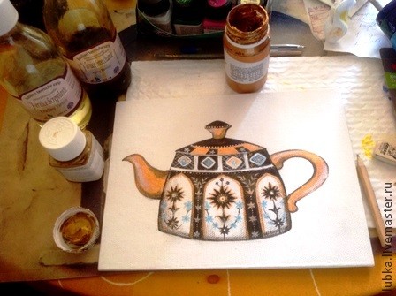 Рисование и состаривание чайника на холсте