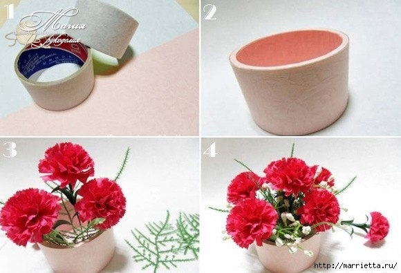 Букет гвоздик из бумаги в бобинке от скотча. Фото мастер-класс