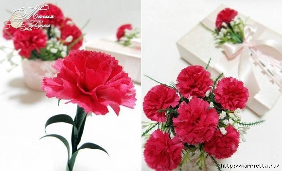 Букет гвоздик из бумаги в бобинке от скотча. Фото мастер-класс