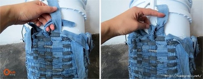 Плетем корзинку из полосок джинсовой ткани
