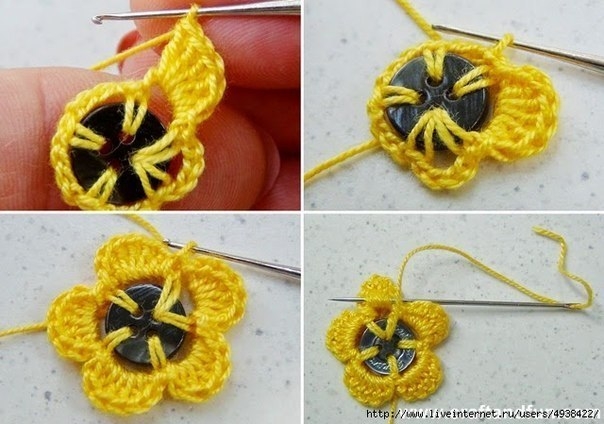 Вязаные цветочки из пуговиц крючком.