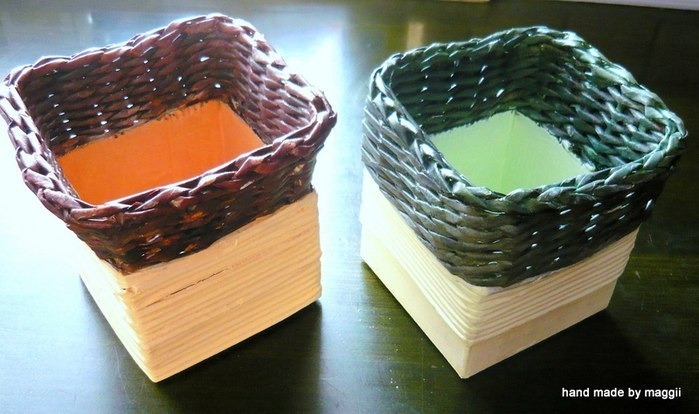 Плетение из газетных трубочек. Корзинки с декупажем