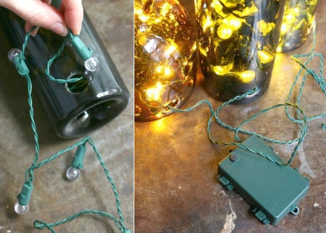 Потрясающая иллюминация с помощью гирлянд и красивых стеклянных бутылок