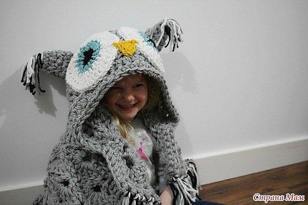 Плед с капюшоном-совушкой крючком из толстой пряжи