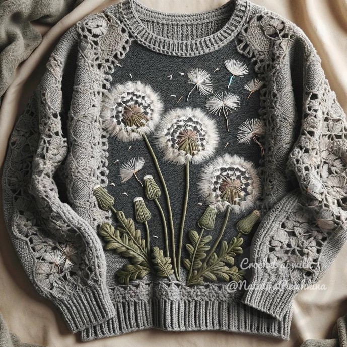 Вязаные цветы на пуловерах