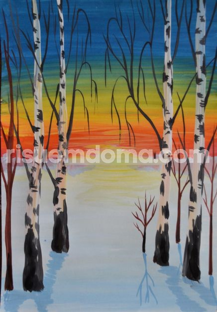 ​Рисуем березы на фоне красочного заката