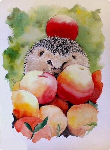 ​Рисуем ежонка с аппетитными яблочками