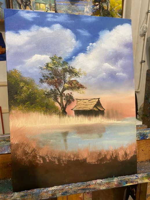 Рисуем летний пейзаж с домиком пошагово