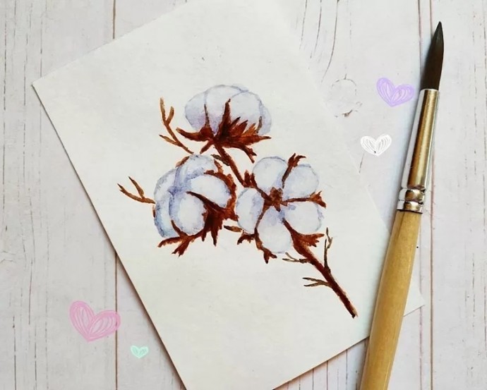 Веточка хлопка акварелью
