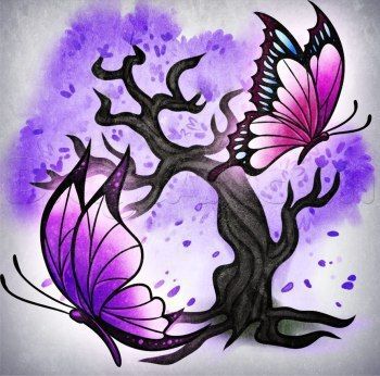 Рисуем бабочек на фоне дерева