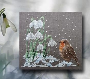 Вышивка "Птичка и подснежники"