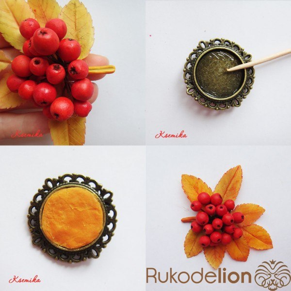 Брошь "Рябина" из полимерной глины