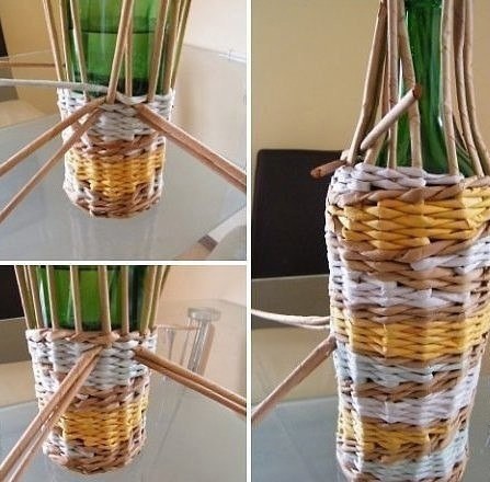 Оплетаем бутылку газетными трубочками