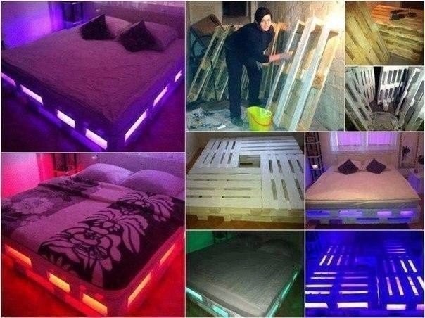 ​Кровать из паллет с подсветкой