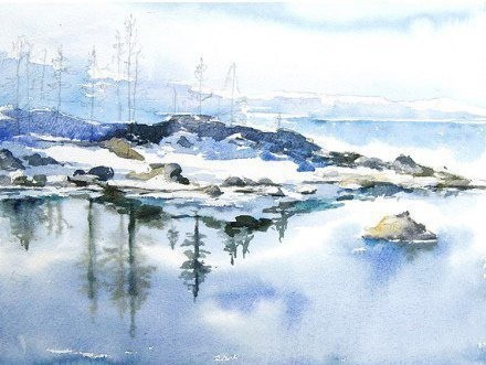 Урок рисования акварелью "Зимний пейзаж"