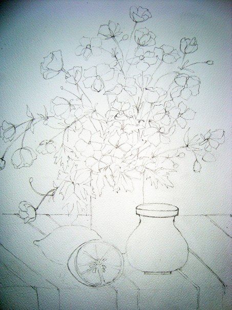 Цветы и лимоны акварелью