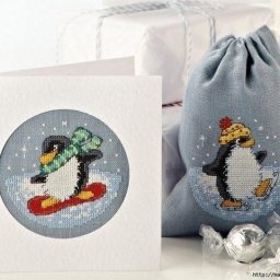 Вышивка пингвинов для подарочных мешочков и открыток