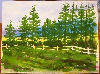 Акварельный пейзаж "Придорожные ели"