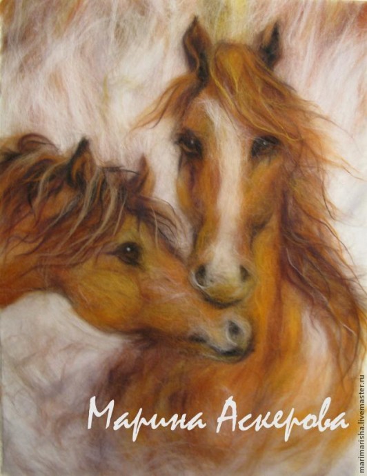 Картина шерстью "Влюбленные лошади" Картина шерстью "Влюбленные лошади"