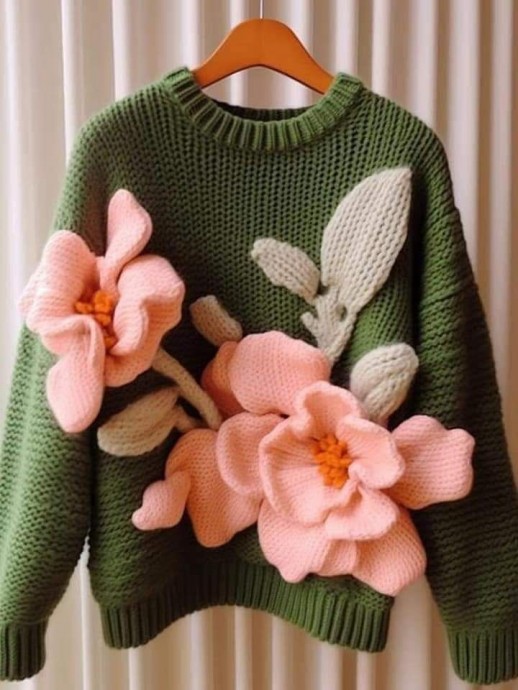 Невероятные идеи для вязания свитеров с объемными цветами